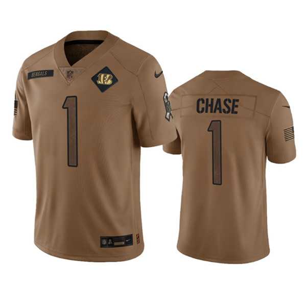 Men's Cincinnati Bengals #1 Ja'Marr Chase 2023 Brown Salute To Service Limited Football Stitched Jersey Dyin